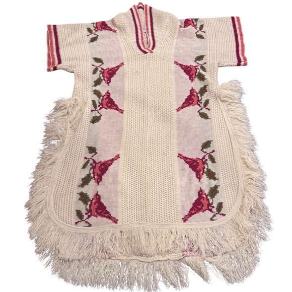 Sweaters - Vintage Mexican Knit Cardinal Bird Fringe Pullover Poncho Cream Red 70s Boho Fun
